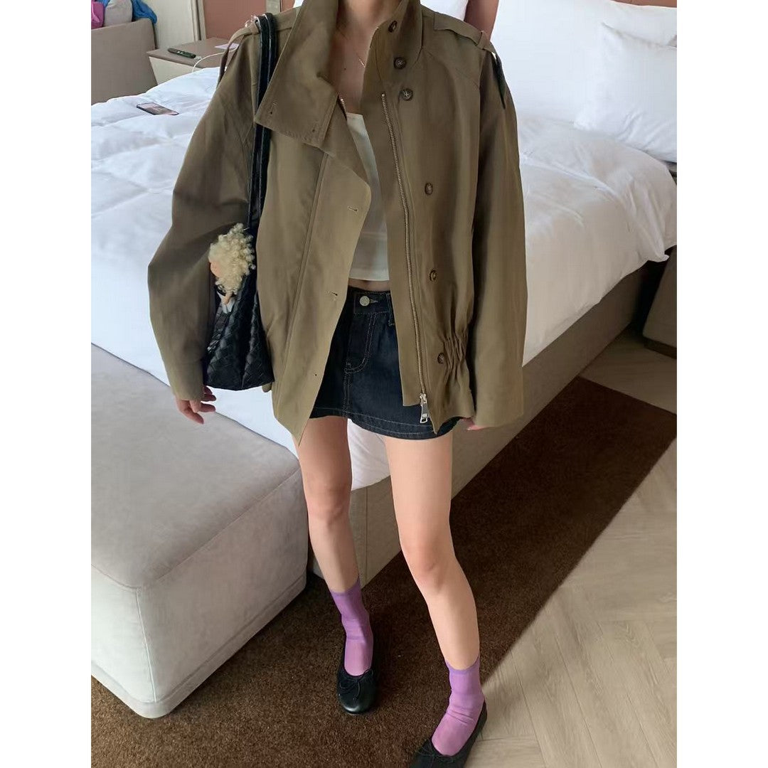 Damen Kurzjacke mit Kordelzug‑Taille, Oversize‑Ärmeln und verdeckter Reißverschluss Echoarchiv