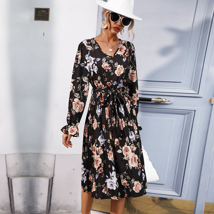 Damen Blumen-Midikleid mit V-Ausschnitt, plissiertem Rock und Taillengürtel Echoarchiv