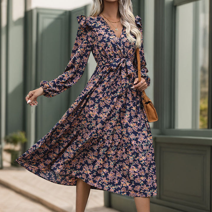 Damen Wickel-Midikleid mit V‑Ausschnitt, Volant-Schultern & Taillenband Echoarchiv