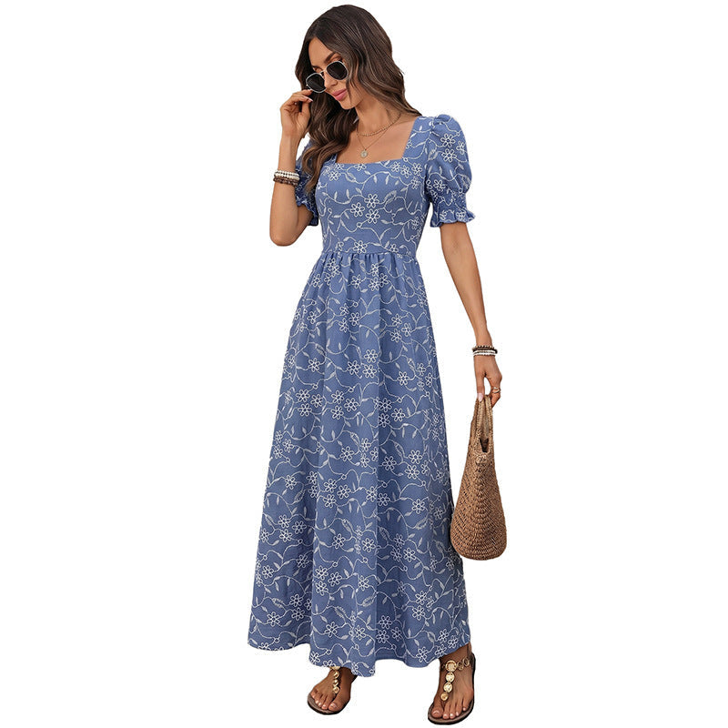 Damen Langes Leichtes Sommer-Maxikleid mit quadratischem Ausschnitt, Puffärmeln und floraler Stickoptik Echoarchiv