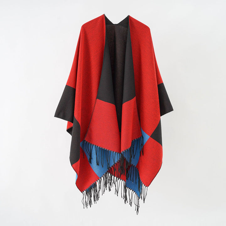Damen Oversize-Ruana aus Wollmix mit Farbblock‑Design und Fransen Echo Archiv