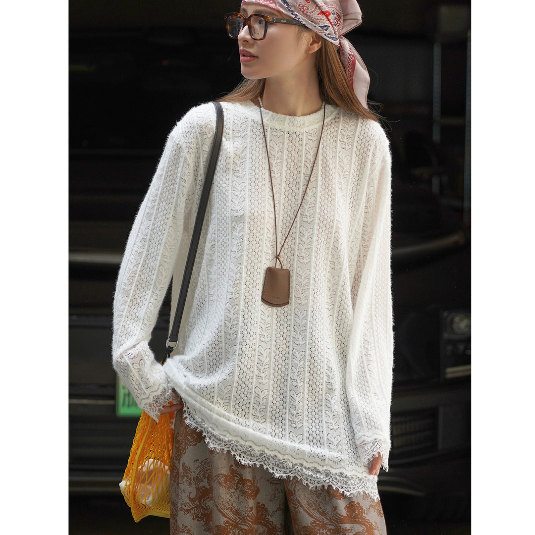 Damen Transparenter Ajourstrick-Pullover mit Spitzenkante Echoarchiv