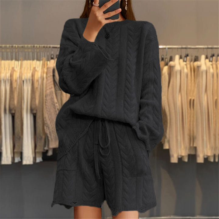 Damen nan kuscheliges Zopfmuster-Strickset mit Rundhals-Pullover und Taillen-Shorts Echo Archiv