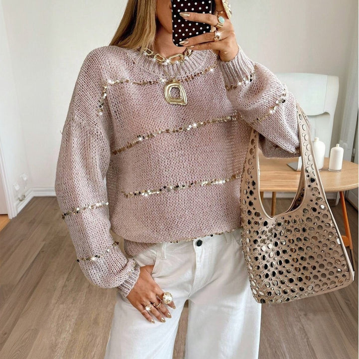 Damen Grobstrick-Pullover mit Paillettenstreifen, Oversize-Schnitt & Rundhalsausschnitt Echoarchiv
