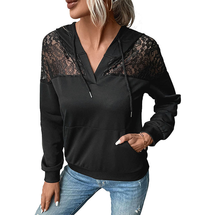 Damen Hoodie mit V-Ausschnitt, Spitzen-Schulterbesatz und Kängurutasche Echoarchiv