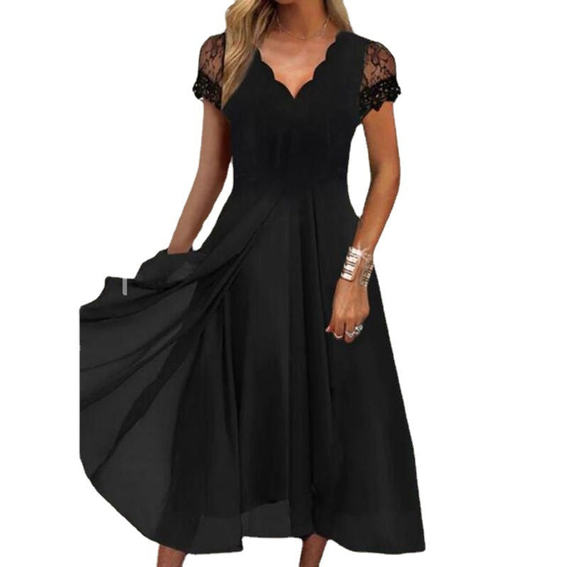 Damen nan fließendes Midikleid mit geschwungenem V-Ausschnitt, taillierter A-Linien-Silhouette und filigranen Spitzenärmeln Echo Archiv