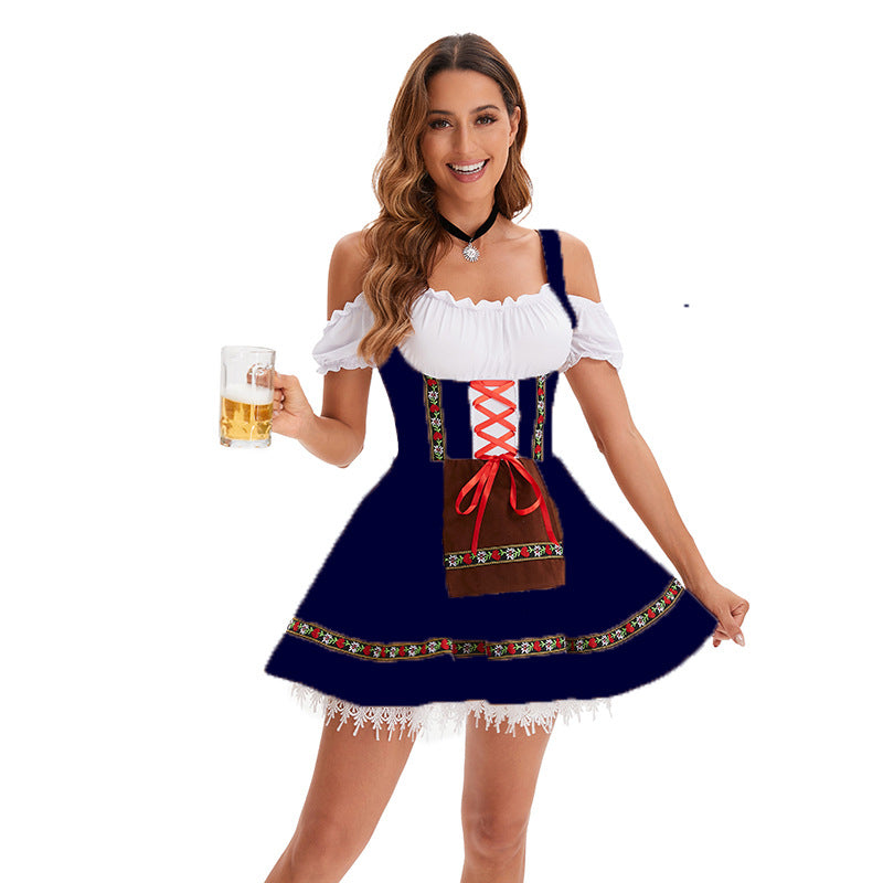 Damen nan kurzes Trachtenkleid mit Carmen-Ausschnitt, geschnürtem Mieder und bestickter Schürze Echo Archiv