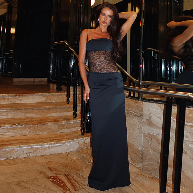Damen Elegantes Maxikleid mit Spitzeneinsätzen und verstellbaren Trägern Echo Archiv