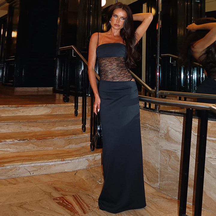 Damen Elegantes Maxikleid mit Spitzeneinsätzen und verstellbaren Trägern Echo Archiv