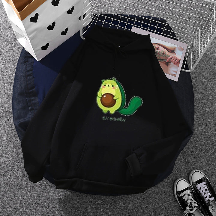 Damen Oversize-Fleecehoodie mit weichem Innenfutter, Kängurutasche und Avocato-Cartoonmotiv – Auréline
