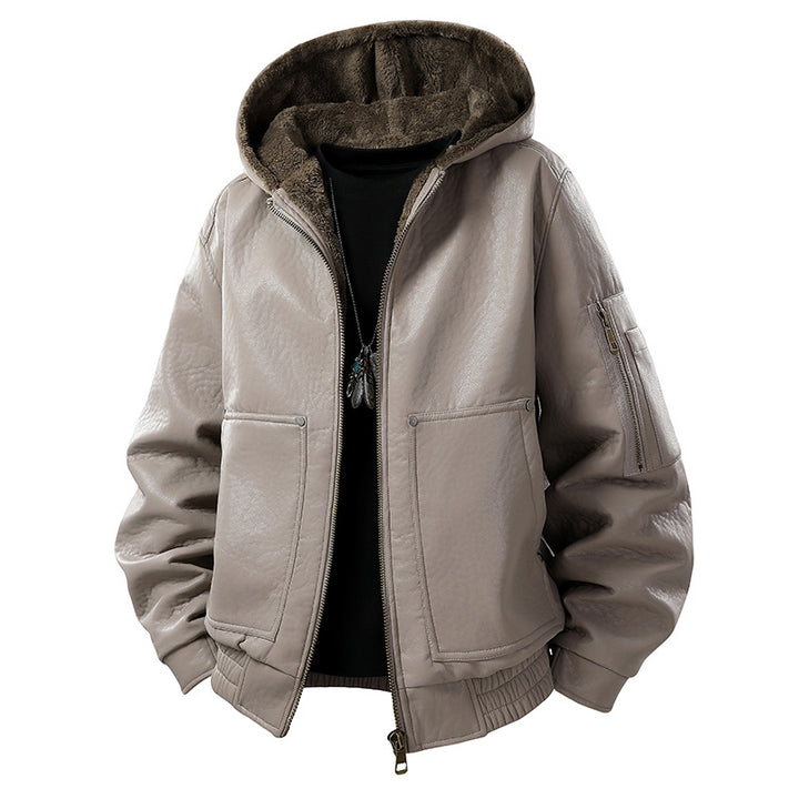 Herren gefütterte Lederoptik-Bomberjacke mit Kapuze und Teddyinnenfutter Echo Archiv