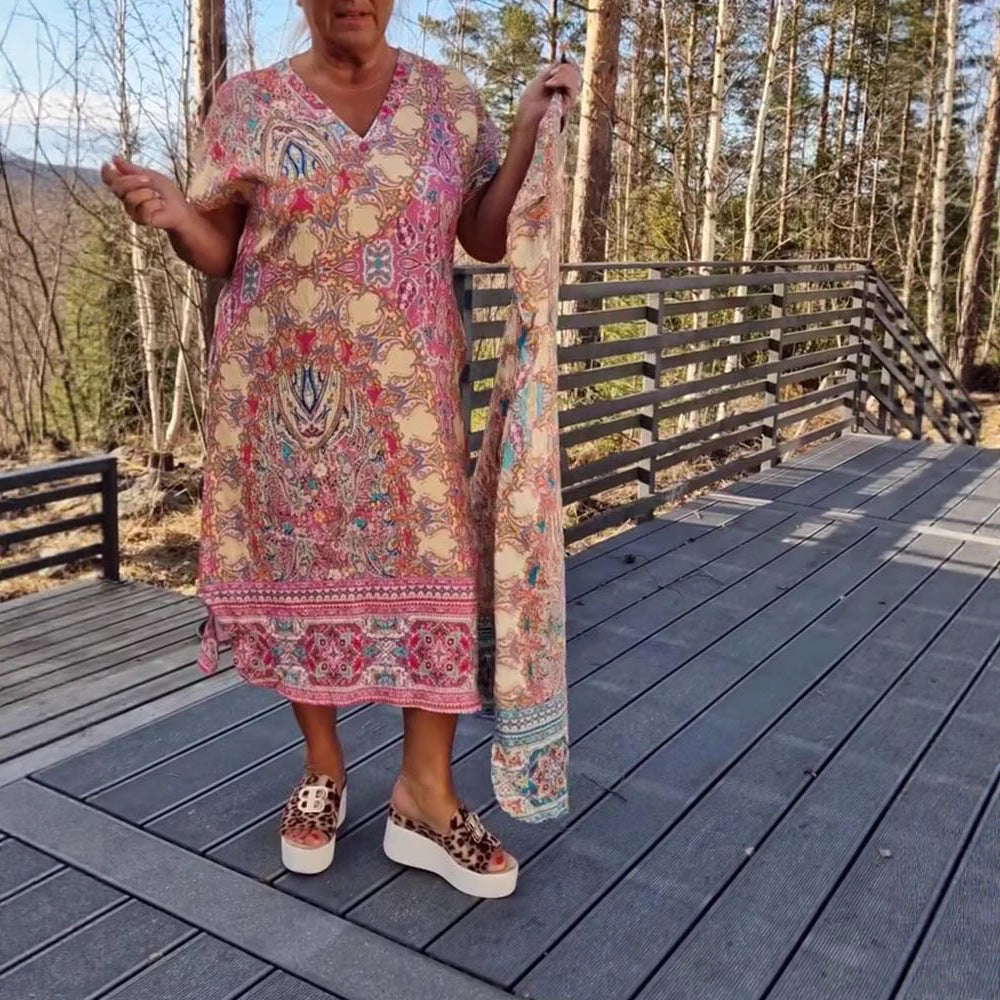 Damen nan luftiges V-Ausschnitt-Kleid im Paisley-Print mit Eingrifftaschen und passendem Pareo Echo Archiv