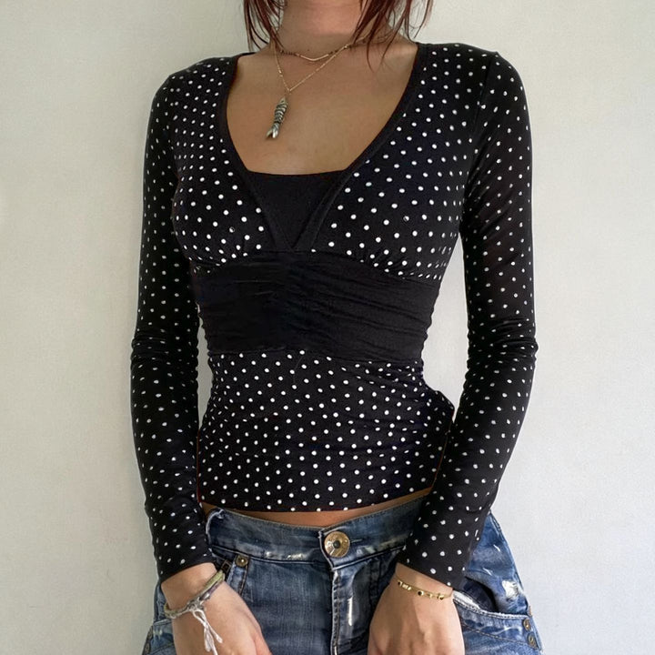 Damen nan taillierte Wickelbluse mit Polka‑Dot Muster, tiefem V‑Ausschnitt und breitem Taillenband Echo Archiv