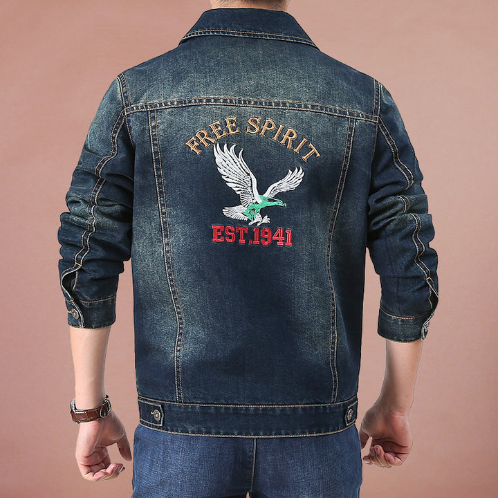 Herren Jeansjacke im Vintage‑Look mit bedrucktem Innenfutter und Emblem‑Details – Denvaro
