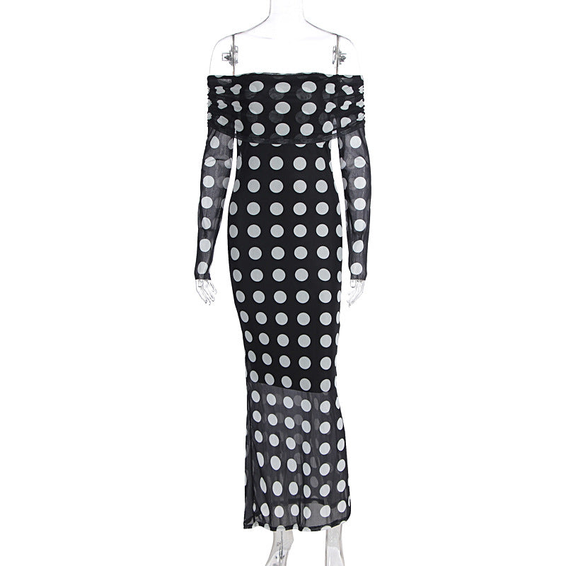Damen Elegantes Maxikleid mit schulterfreiem Design und Punkten Echo Archiv
