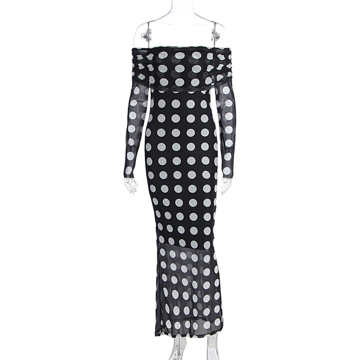 Damen Elegantes Maxikleid mit schulterfreiem Design und Punkten Echo Archiv