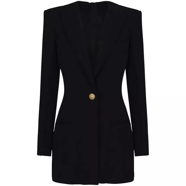 Damen kurzes Blazerkleid im minimalistischen Tailoring mit betonter Schulter und Ein-Knopf‑Verschluss Echoarchiv