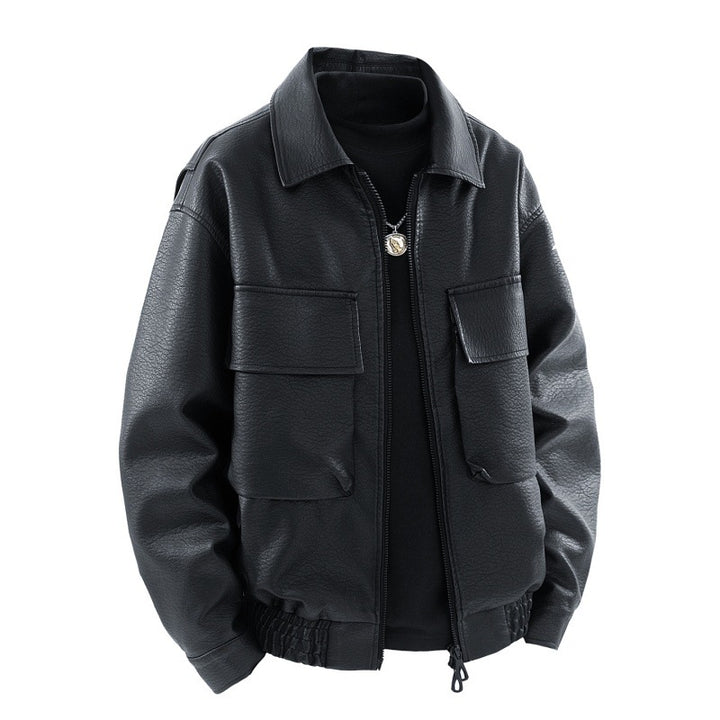 Herren Boxy Kunstleder-Flight-Jacke mit großen Pattenfronttaschen und elastischem Hüftbund Echoarchiv