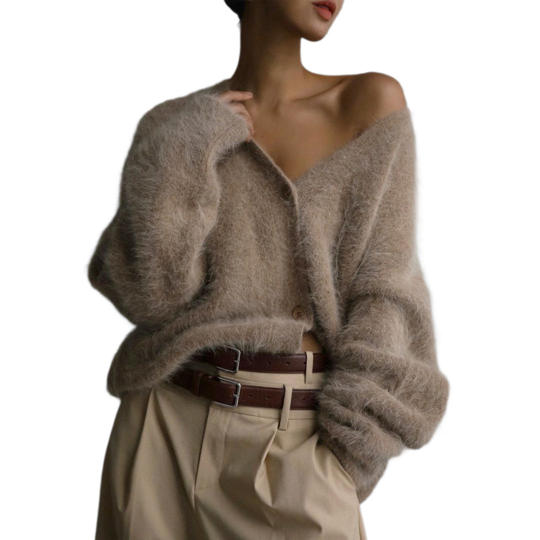 Damen Flauschige Mohair-Optik Strickjacke mit V-Ausschnitt und Oversize-Schnitt Echoarchiv