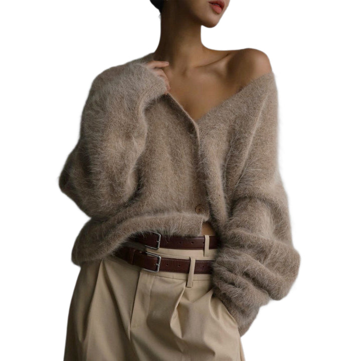 Damen Flauschige Mohair-Optik Strickjacke mit V-Ausschnitt und Oversize-Schnitt Echoarchiv