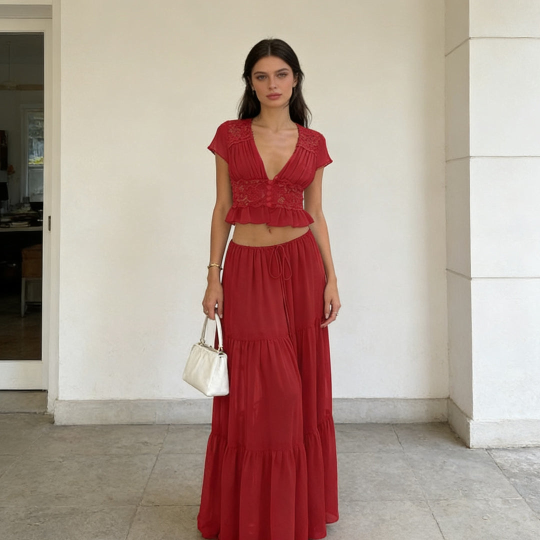 Damen Lässiges Maxi-Kleid mit eleganter Raffung und cropped Top Echo Archiv