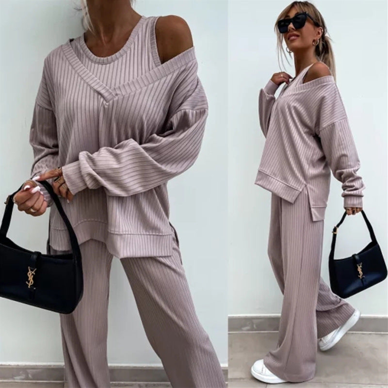 Damen Loungewear-Set aus geripptem Feinstrick mit Off-Shoulder-Pullover und weiter Palazzo-Hose – Élanora