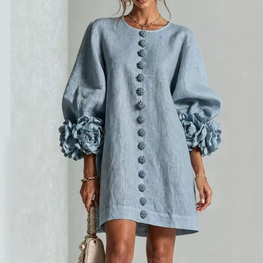 Damen Midikleid mit voluminösen Puffärmeln, 3D-Blütenknopfleiste und Leinenstruktur Echoarchiv