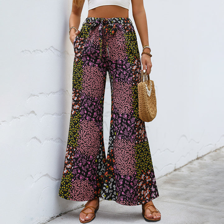 Damen Weite High-Waist Palazzo-Hose mit floralem Patchworkprint, Tunnelzug und Seitentaschen Echoarchiv