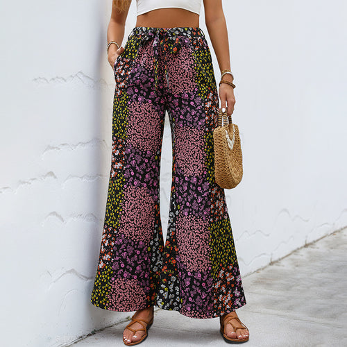 Damen Weite High-Waist Palazzo-Hose mit floralem Patchworkprint, Tunnelzug und Seitentaschen Echoarchiv