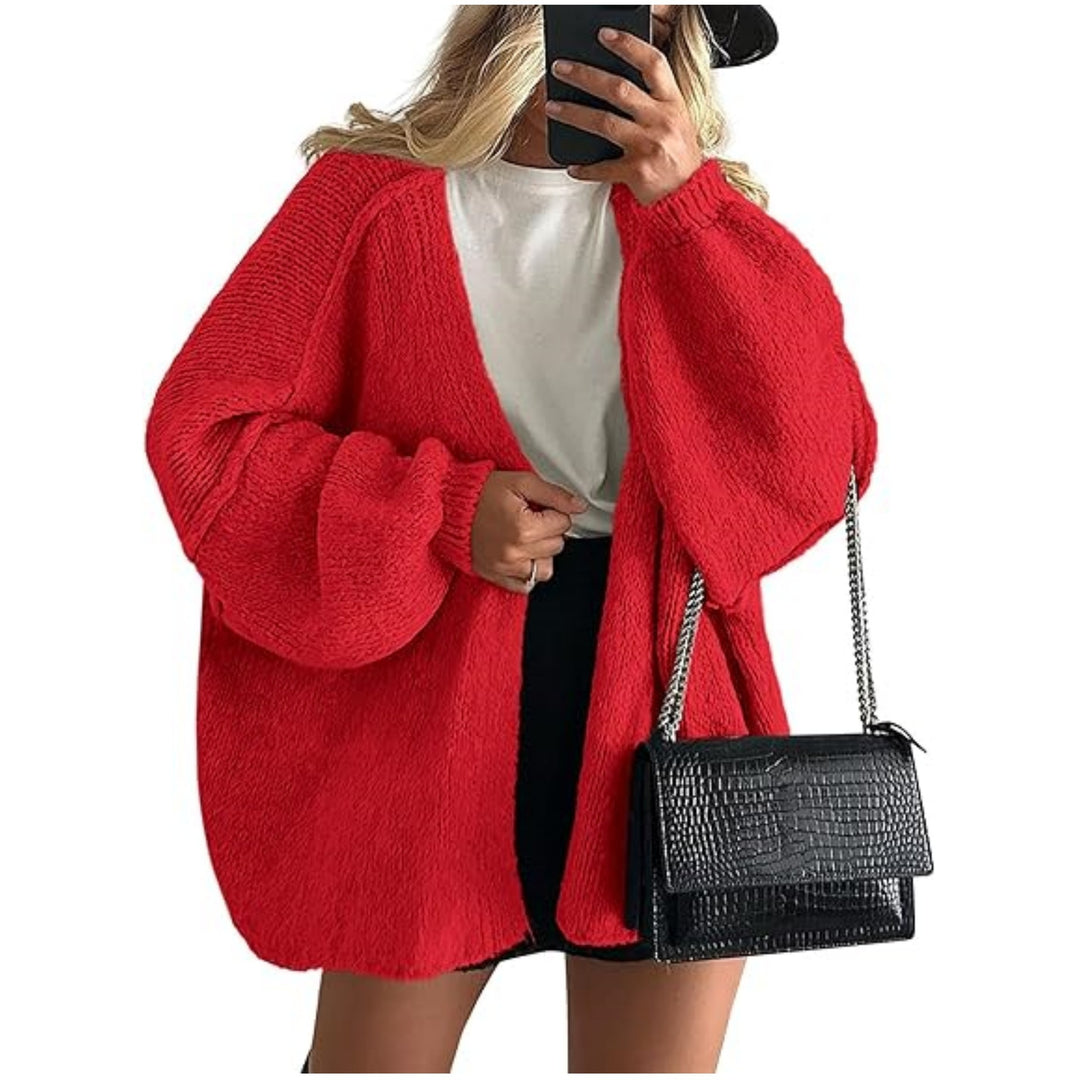 Damen Oversize Strickcardigan mit Ballonärmeln und offener Front Echoarchiv