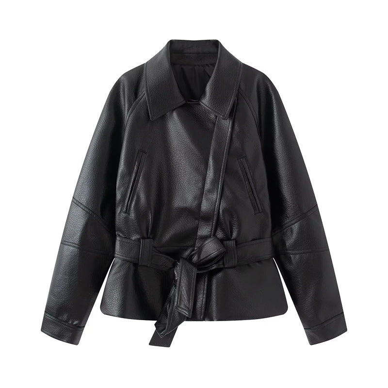 Damen nan taillierte Kunstlederjacke mit Hemdkragen und Bindegürtel Echo Archiv