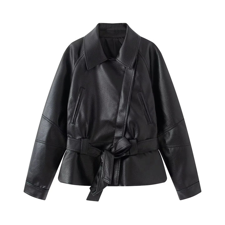 Damen nan taillierte Kunstlederjacke mit Hemdkragen und Bindegürtel Echo Archiv