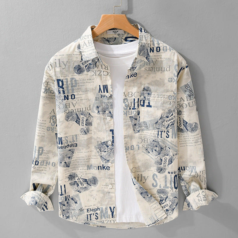 Herren Overshirt aus Baumwoll‑Leinen mit typografischem Zeitungsprint und Relaxed‑Fit Echoarchiv