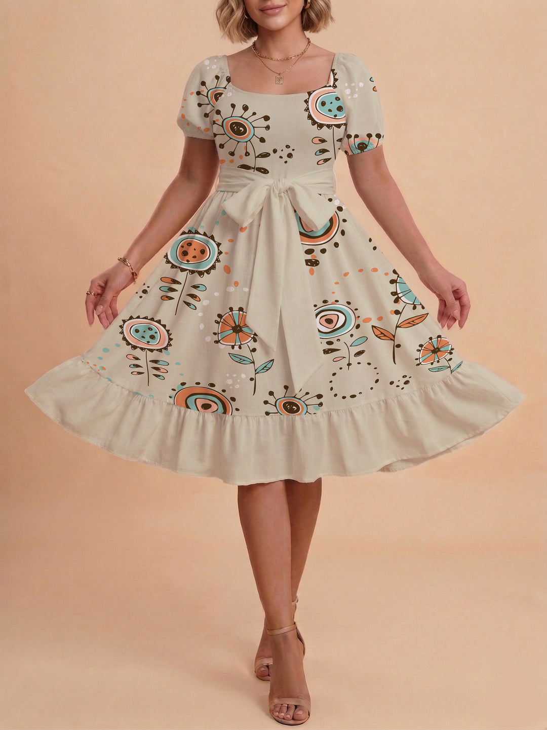 Damen Sommerkleid mit floralem Puffärmel und taillierbarem Gürtel Echo Archiv