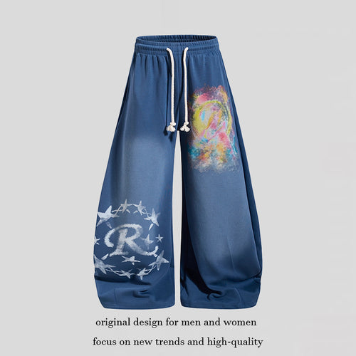 Damen Weite Palazzo-Sweathose mit elastischem Bund, Kordelzug und kreativen Allover-Prints Echoarchiv