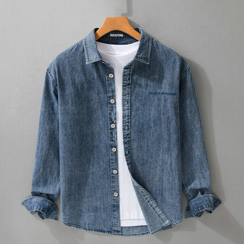 Herren entspanntes Denim-Overshirt mit Knopfleiste und Bruststickerei Echoarchiv