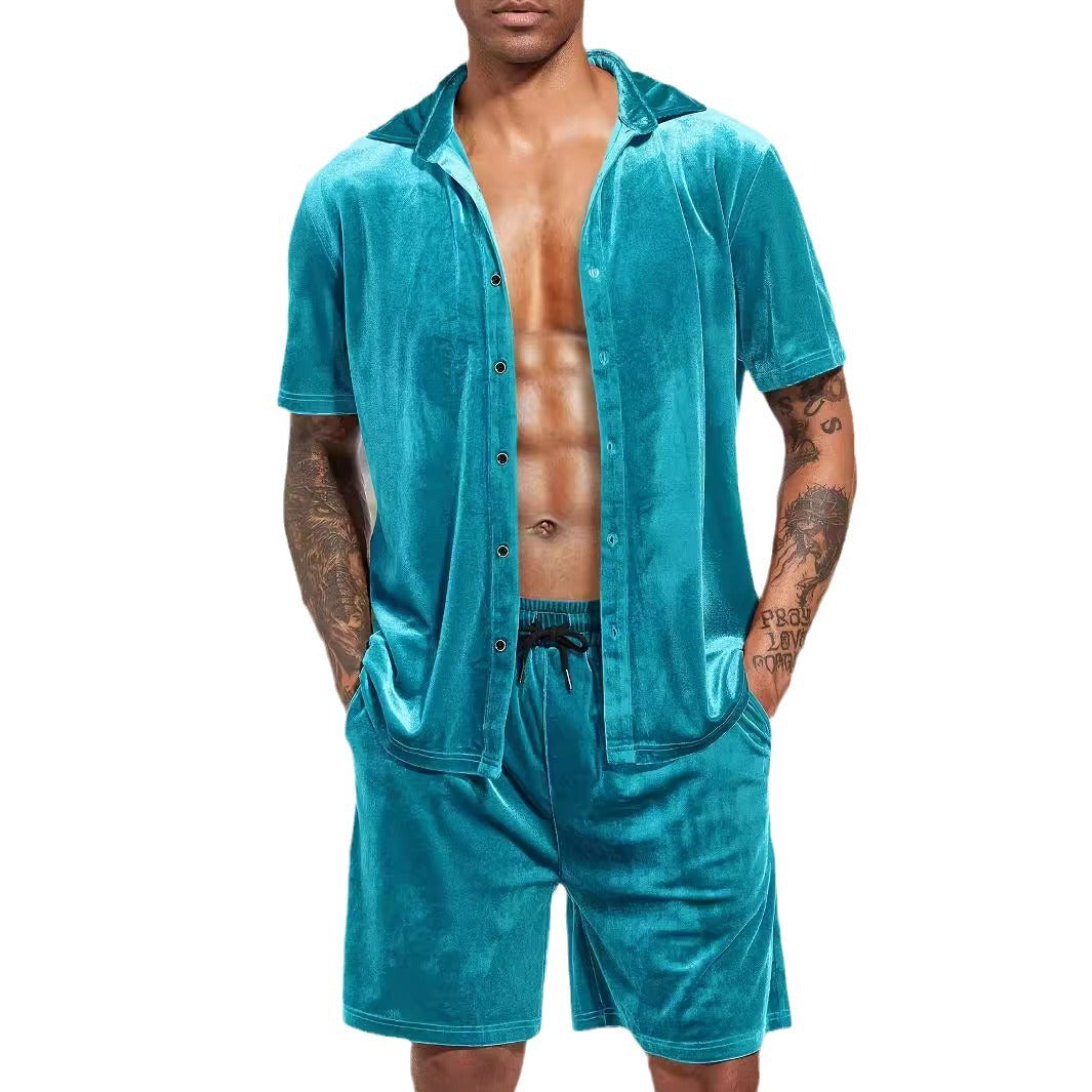 Herren Kurzarm-Hemd und Shorts-Set aus luxuriösem Samt Echoarchiv