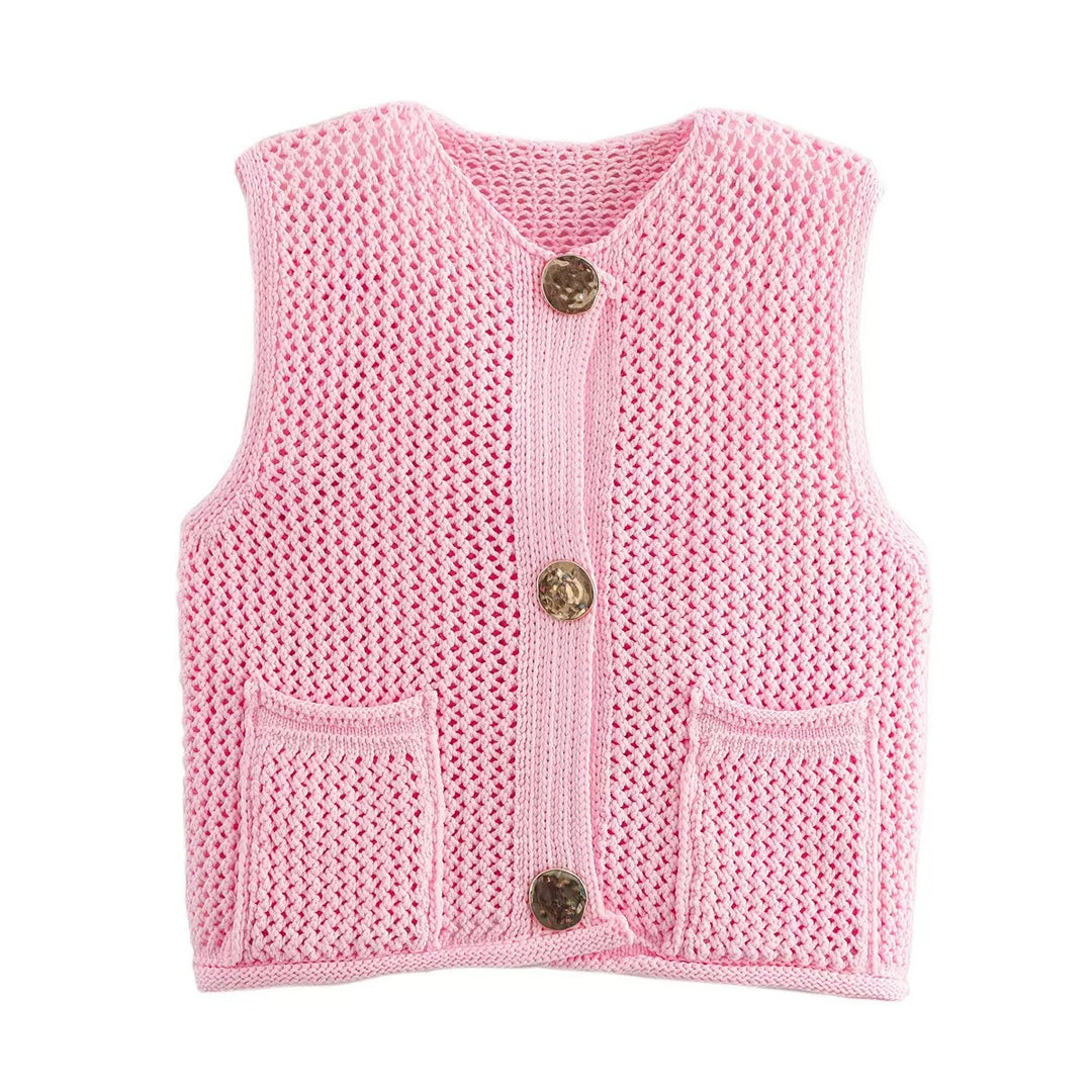Damen gehäkelte Strickweste mit großen Zierknöpfen und Aufsatztaschen – Veloura