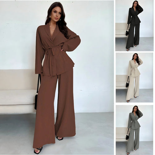 Damen Entspannter Wickelblazer und Weite-Hosen Set Echoarchiv