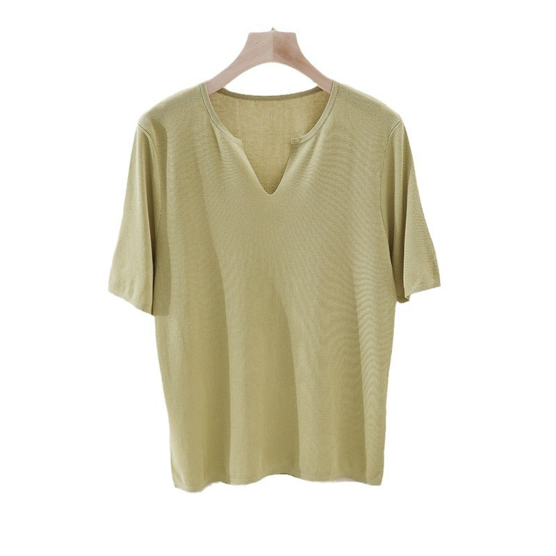 Damen Leichtes Kurzarm-Feinstrickshirt mit V-Notch-Ausschnitt und lockerem Fall Echo Archiv