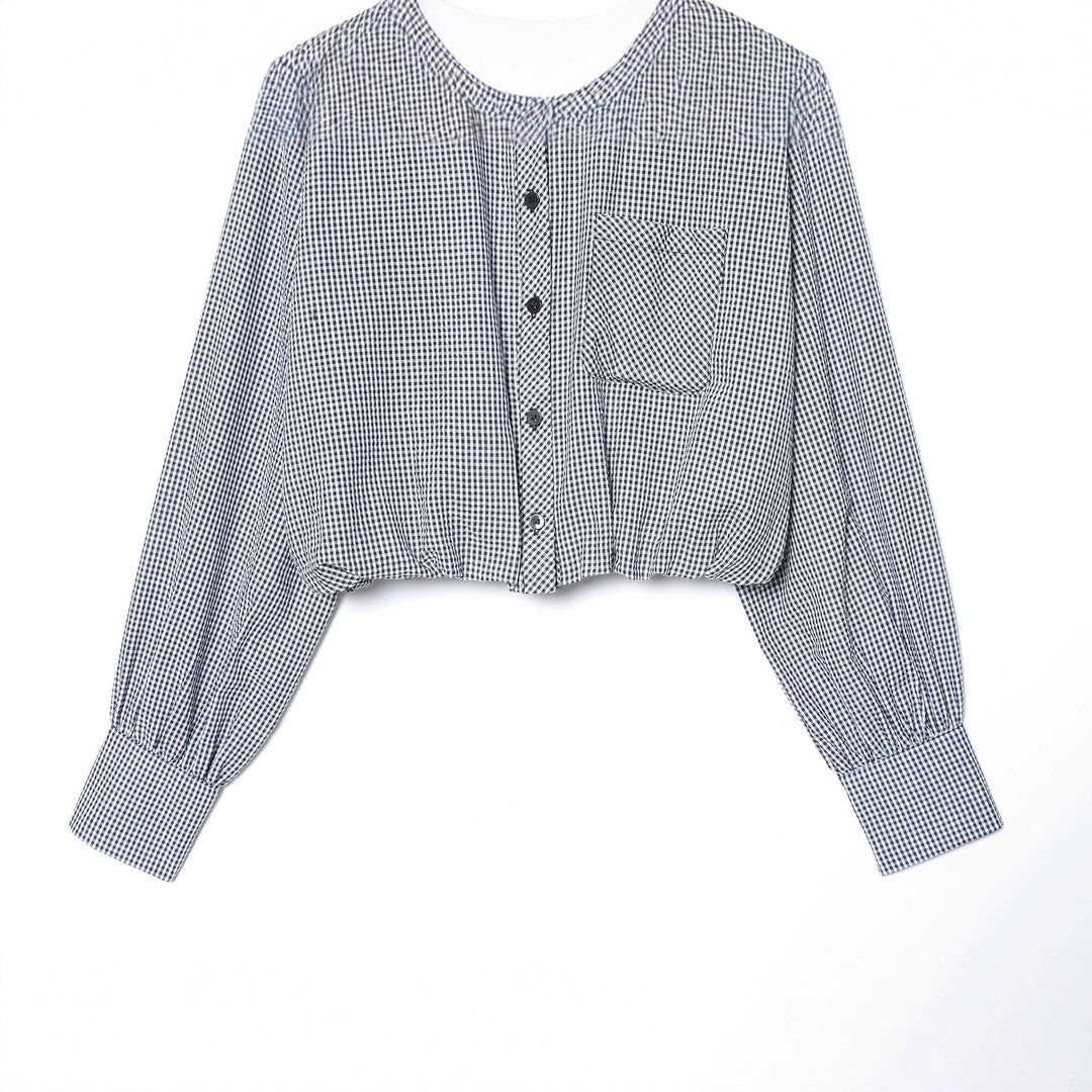 Damen nan karierte Cropped-Hemdbluse mit Brusttasche, breitem Manschettenärmel und elastischem Saum Echo Archiv