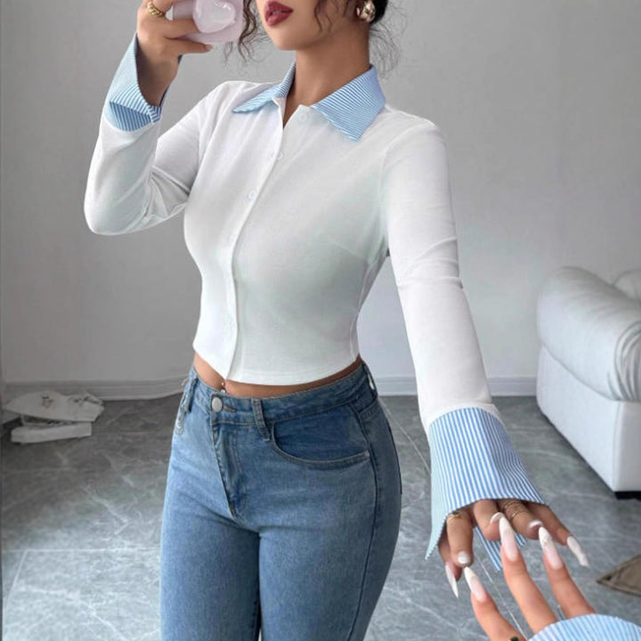 Damen Kurzgeschnittene Feinstrick‑Hemdjacke mit Kontrastkragen und Umschlagmanschetten – Avérine