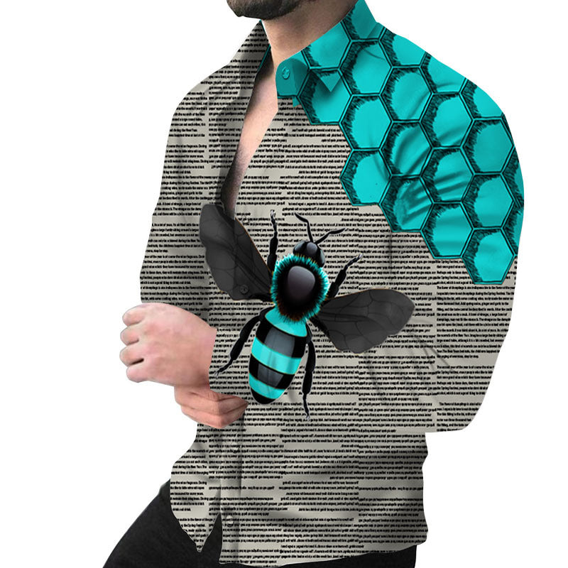 Herren Kreatives Langarmhemd mit künstlerischem Bienenmuster und strukturiertem Design Echoarchiv