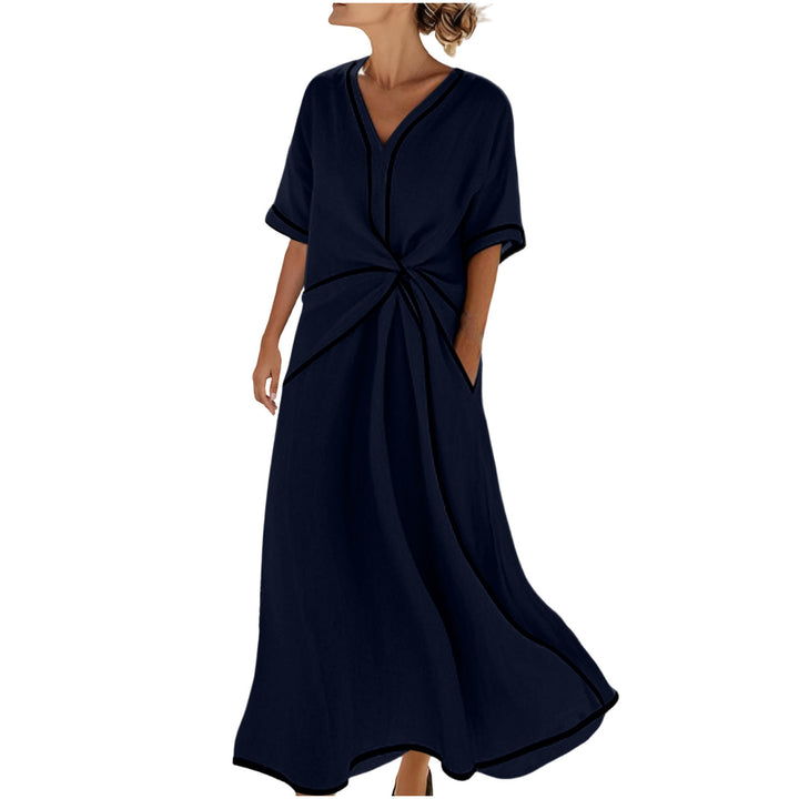 Damen Langes A-Linienkleid mit V‑Ausschnitt, Knoten-Detail und Kontrastpaspel – Élara
