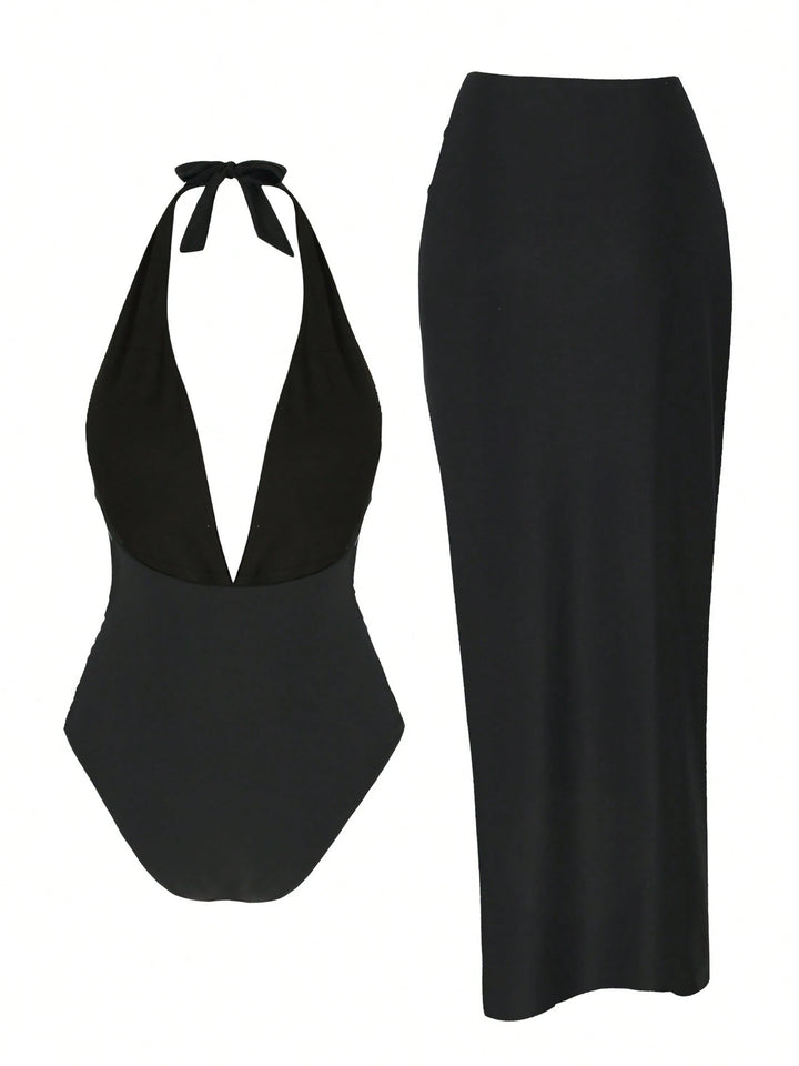 Damen elegantes Maxi-Kleid mit tiefem V-Ausschnitt und goldenen Details Echo Archiv