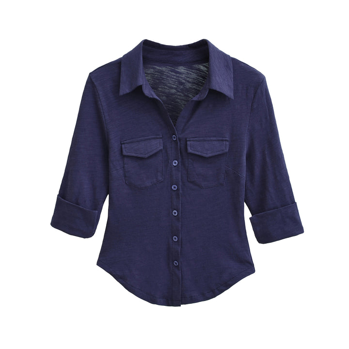Damen Hemdbluse aus weichem Jersey mit aufgesetzten Brusttaschen und dreiviertelärmeln Echoarchiv