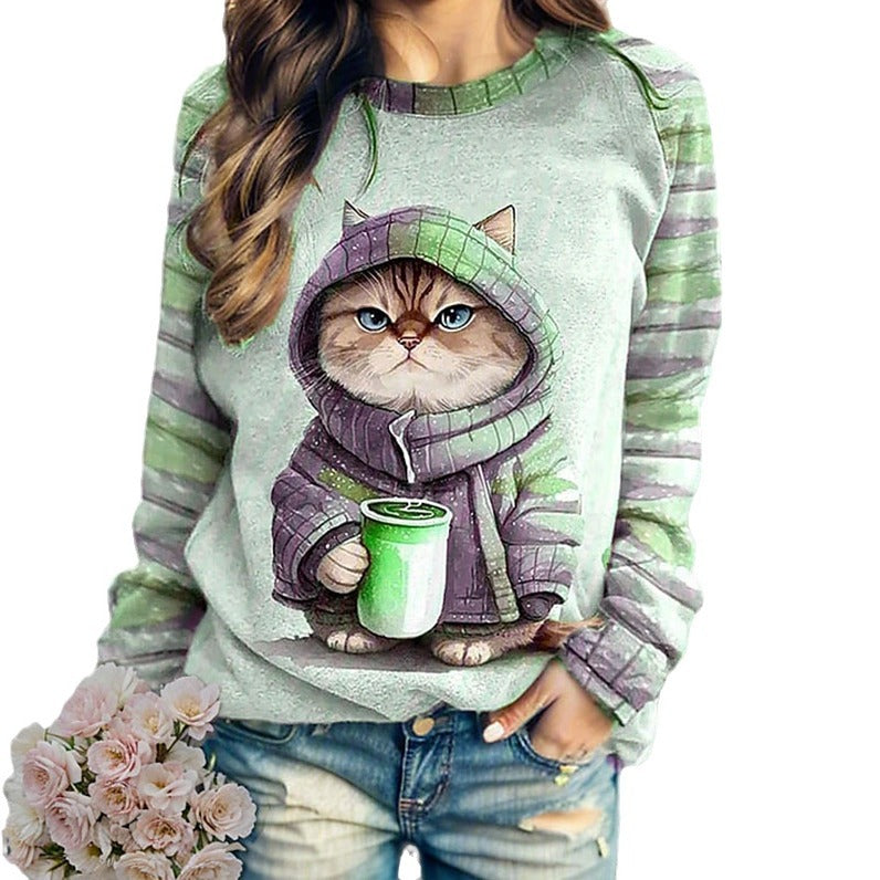 Damen nan lässiges Sweatshirt mit großem Kätzchen-Frontprint und gestreiften Raglanärmeln Echo Archiv