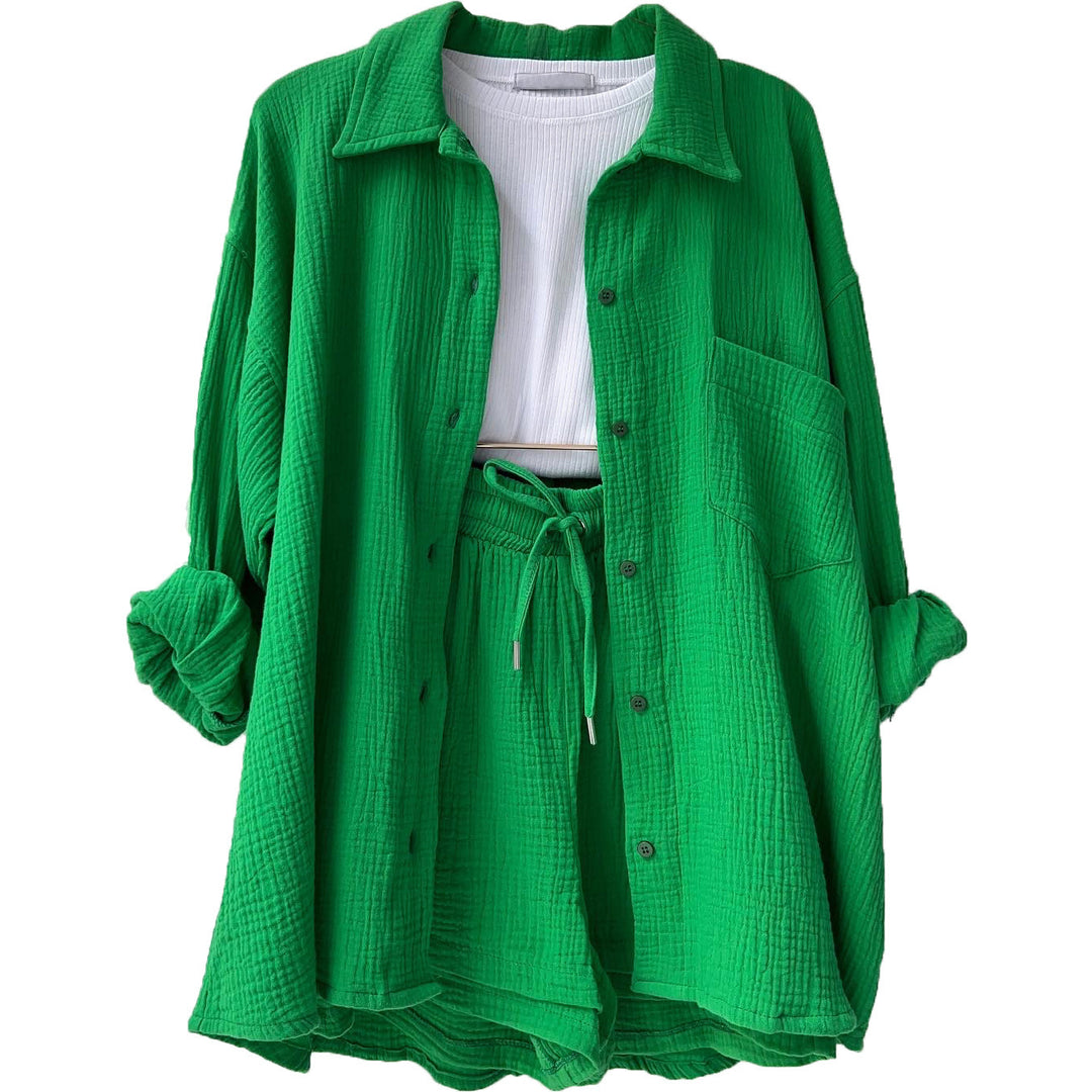 Damen nan lässiges oversized Hemd und Shorts Set mit Brusttasche Kordelbund und gerauter Baumwollstruktur Echo Archiv