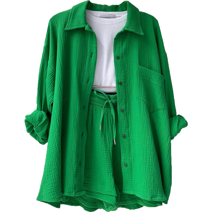 Damen nan lässiges oversized Hemd und Shorts Set mit Brusttasche Kordelbund und gerauter Baumwollstruktur Echo Archiv