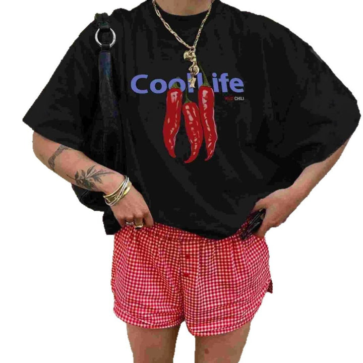 Damen Oversized T-Shirt mit kreativem Chili-Motiv und lässigem Schnitt Echo Archiv